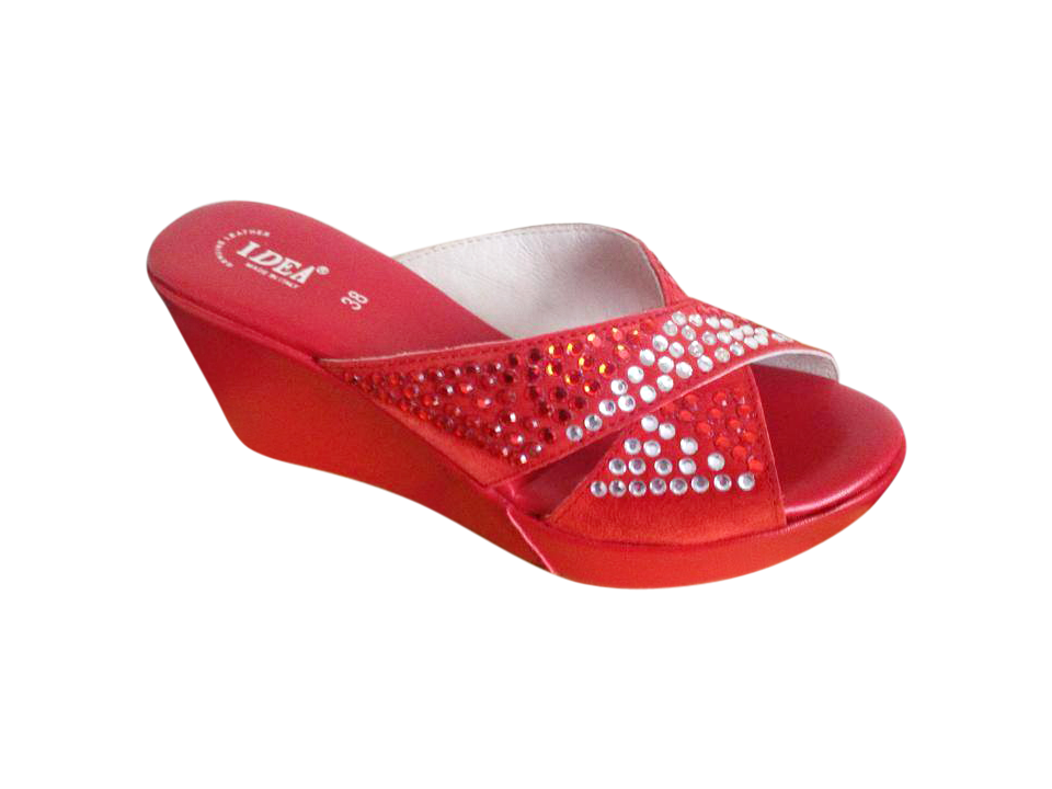 Red rhinestone suede leather platform wedge sandal with open toe and slip-on design.