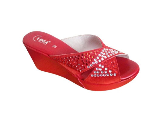 Red rhinestone suede leather platform wedge sandal with open toe and slip-on design.